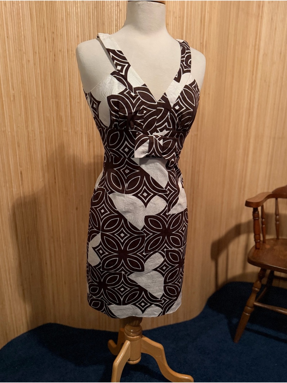Trina Turk Brown and White Geometric V-Neck Mini Dress